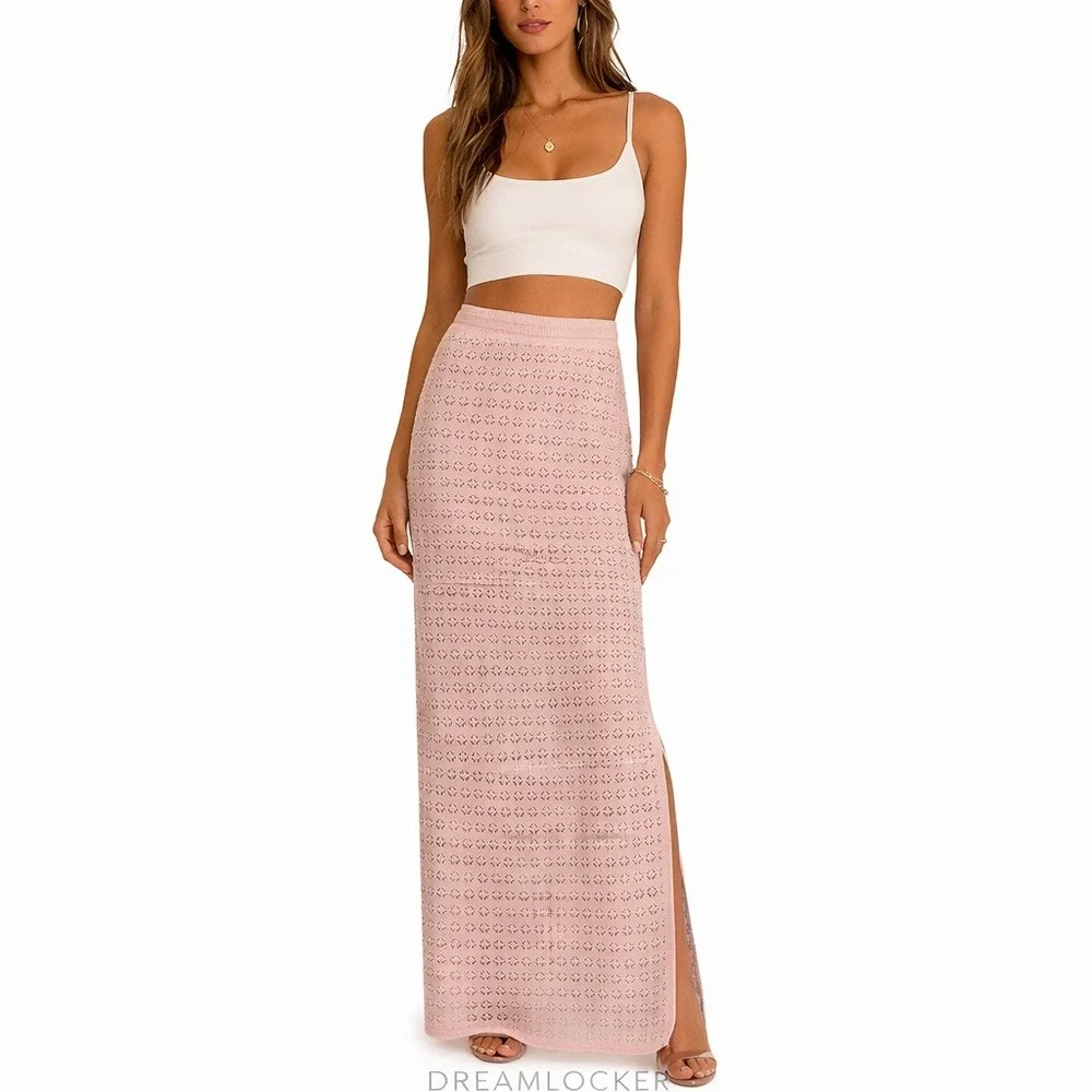 House of Harlow‎ 1960 Pink Pointelle Knit Maxi Skirt Side Slit Lined XS NEW